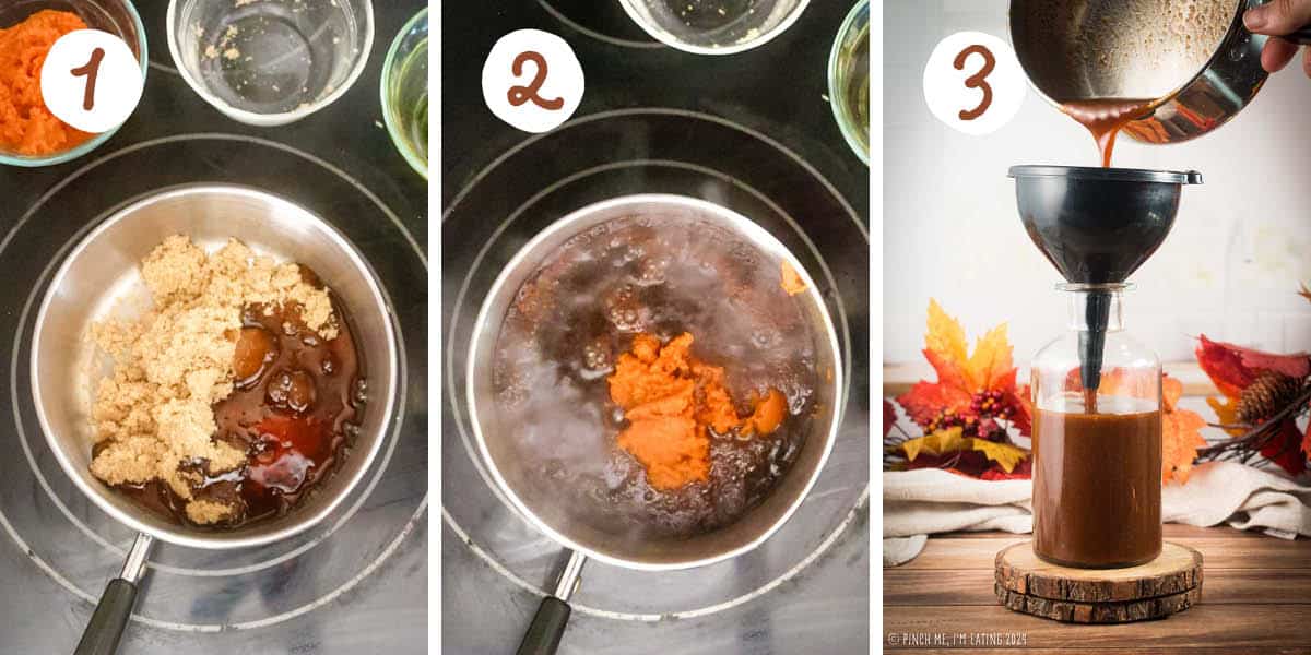 Step by step collage showing ingredients in a saucepan and syrup pouring through a funnel.