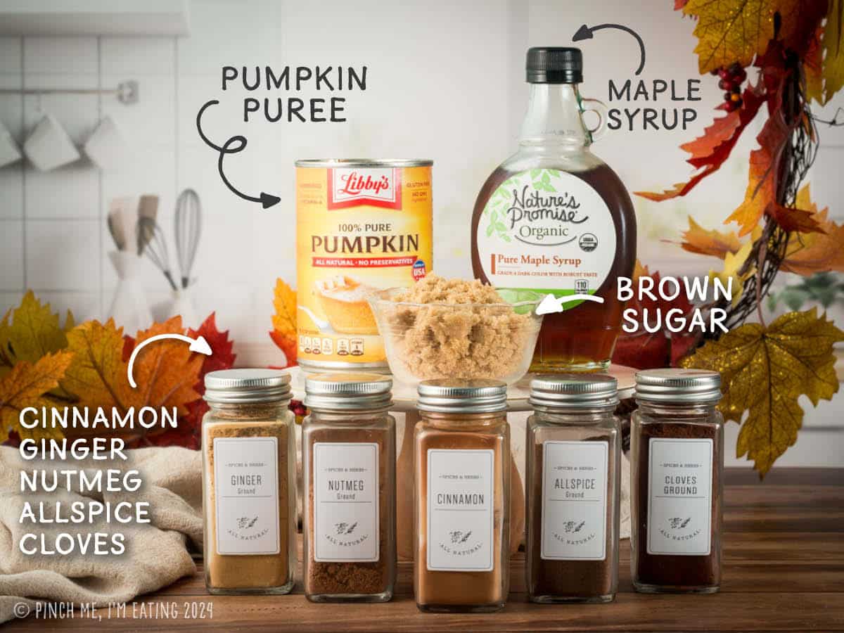 Canned pumpkin puree, maple syrup, brown sugar, and spices.
