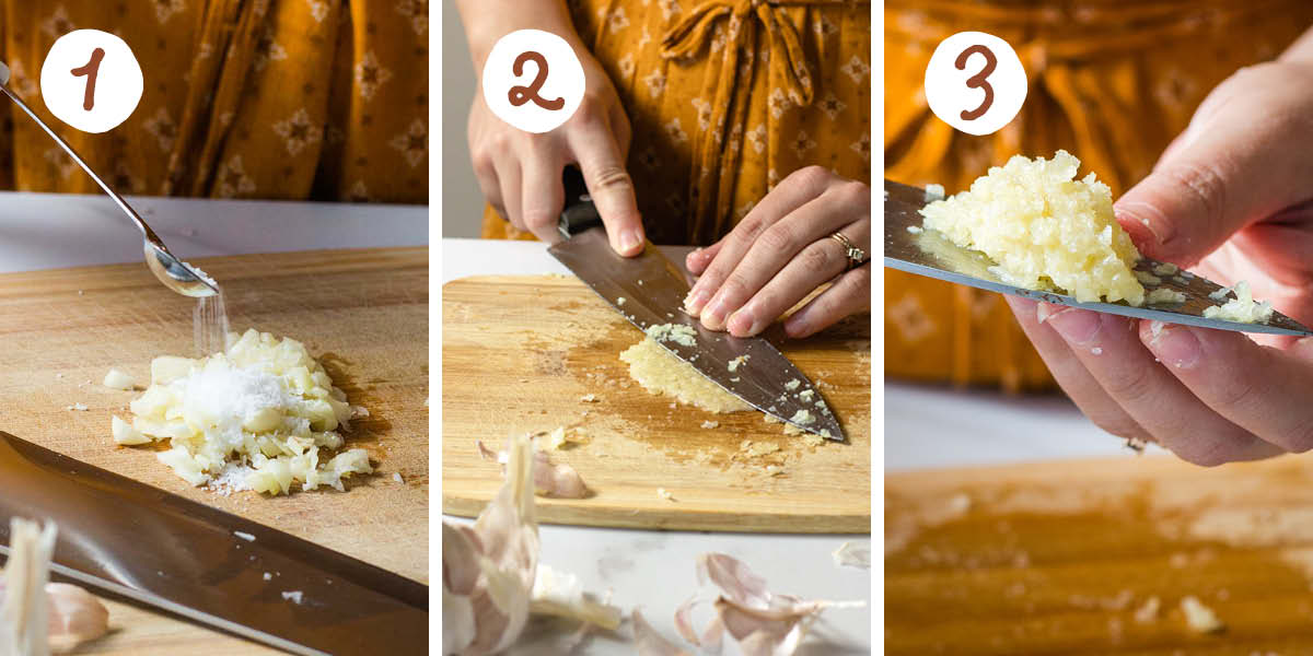 Step by step images showing making garlic paste with the side of a knife.