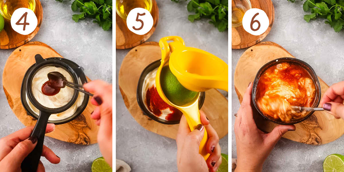 Left, straining adobo sauce through a sieve. Center, squeezing fresh lime juice. Right, mixing aioli ingredients with a whisk.