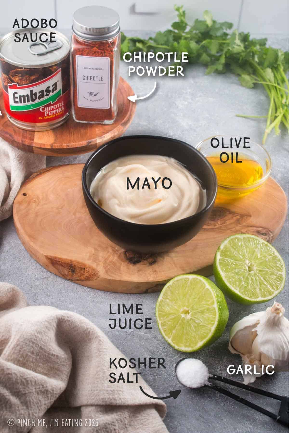 Labeled ingredient shot for chipotle aioli including mayo, olive oil, chipotle powder, chipotles in adobo sauce, lime, garlic, and salt.