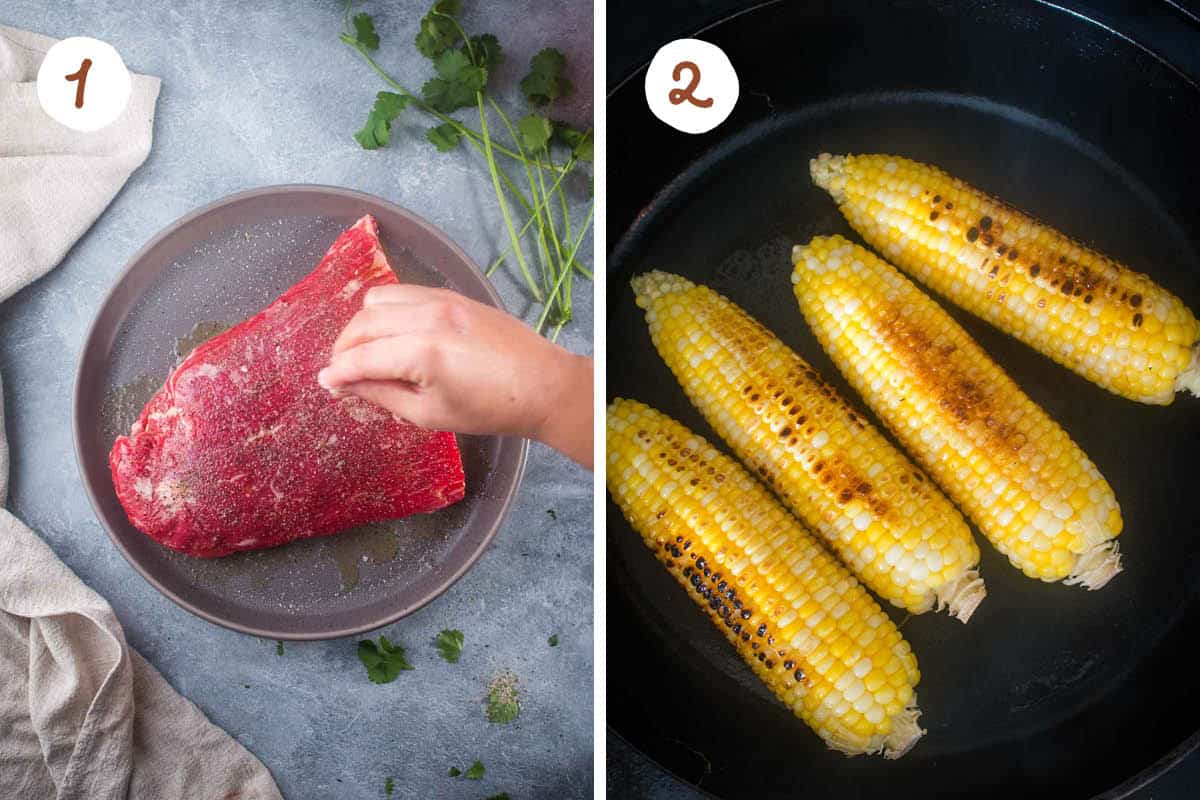 Left, flank steak being sprinkled with salt and pepper. Right, corn on the cob being charred in a cast iron skillet.