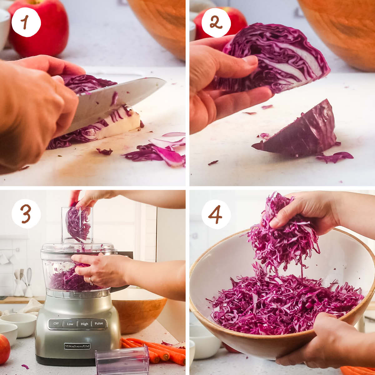 Top left, cutting the core out of cabbage. Top right, cutting cabbage into a small wedge. Bottom left, putting cabbage in a food processor. Bottom right, shredded cabbage in a large bowl.