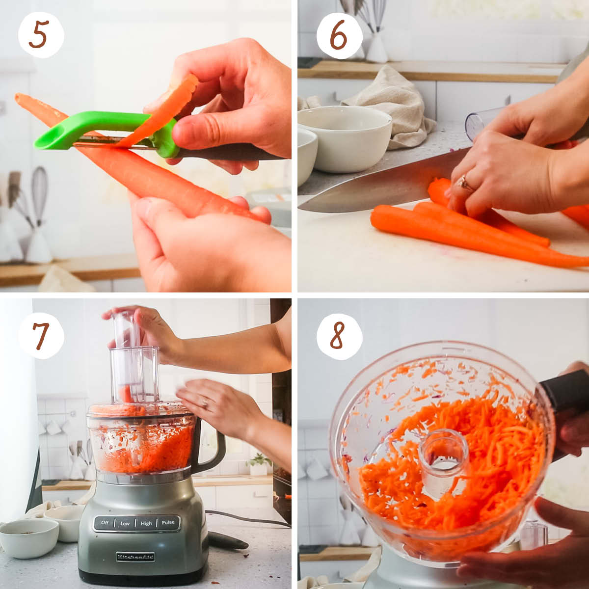 Top left, peeling a carrot. Top right, cutting ends off carrots. Bottom left, putting carrots in a food processor. Bottom right, shredded carrots in food processor bowl.