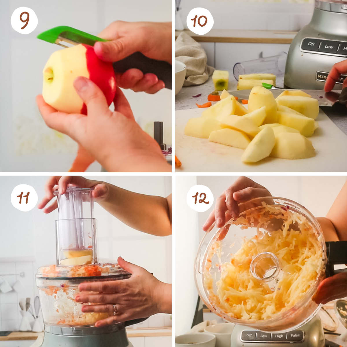 Top left, peeling an apple. Top right, apples cut into chunks. Bottom left, putting apple pieces in a food processor. Bottom right, shredded apples in food processor bowl.