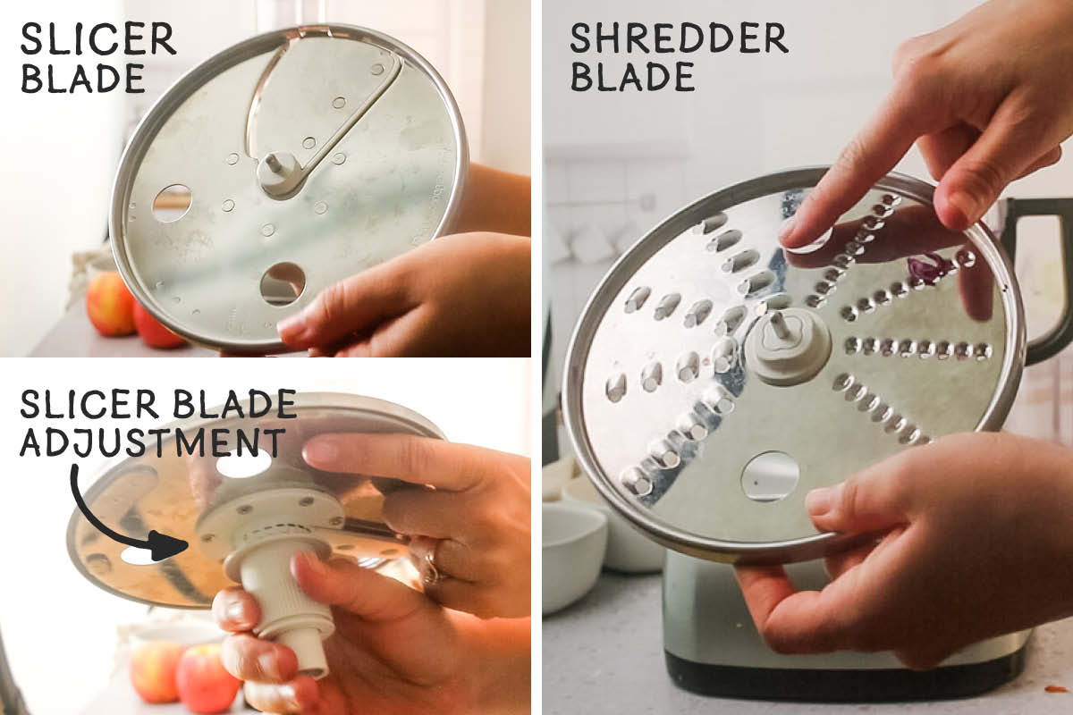 Labeled images of a food processor slicer blade, adjustment for slicer blade, and shredder blade.