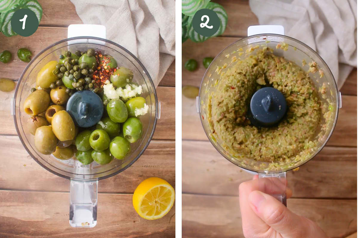 Step by step collage showing olive tapenade in a food processor.