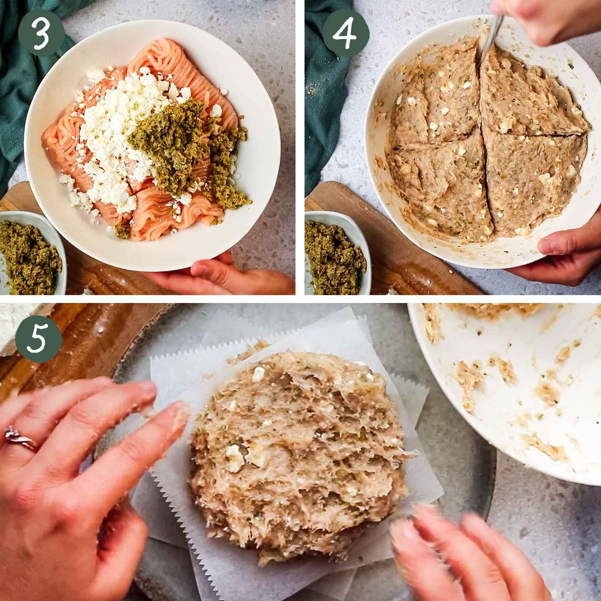 Step by step collage showing ground chicken, tapenade, and feta cheese in a bowl, ingredients mixed, and burger patties made.