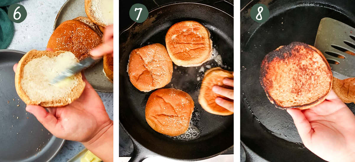 Step by step collage showing burger buns being buttered and toasted in a skillet.