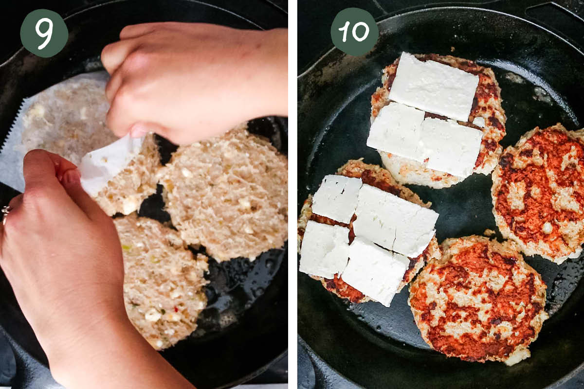 Step by step collage showing chicken burgers being cooked in a skillet and topped with feta cheese slices.