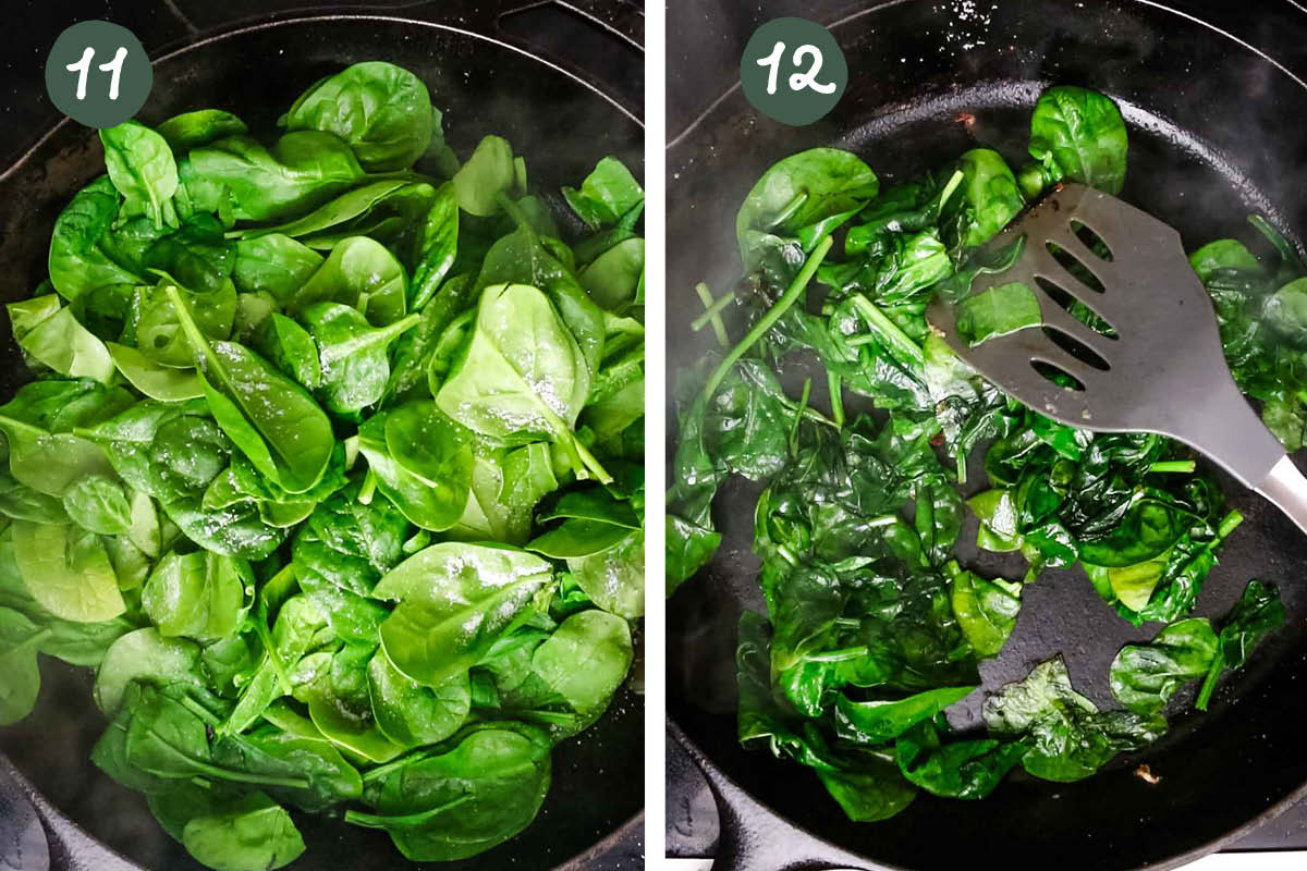 Step by step collage showing spinach being lightly sautéed in a skillet.