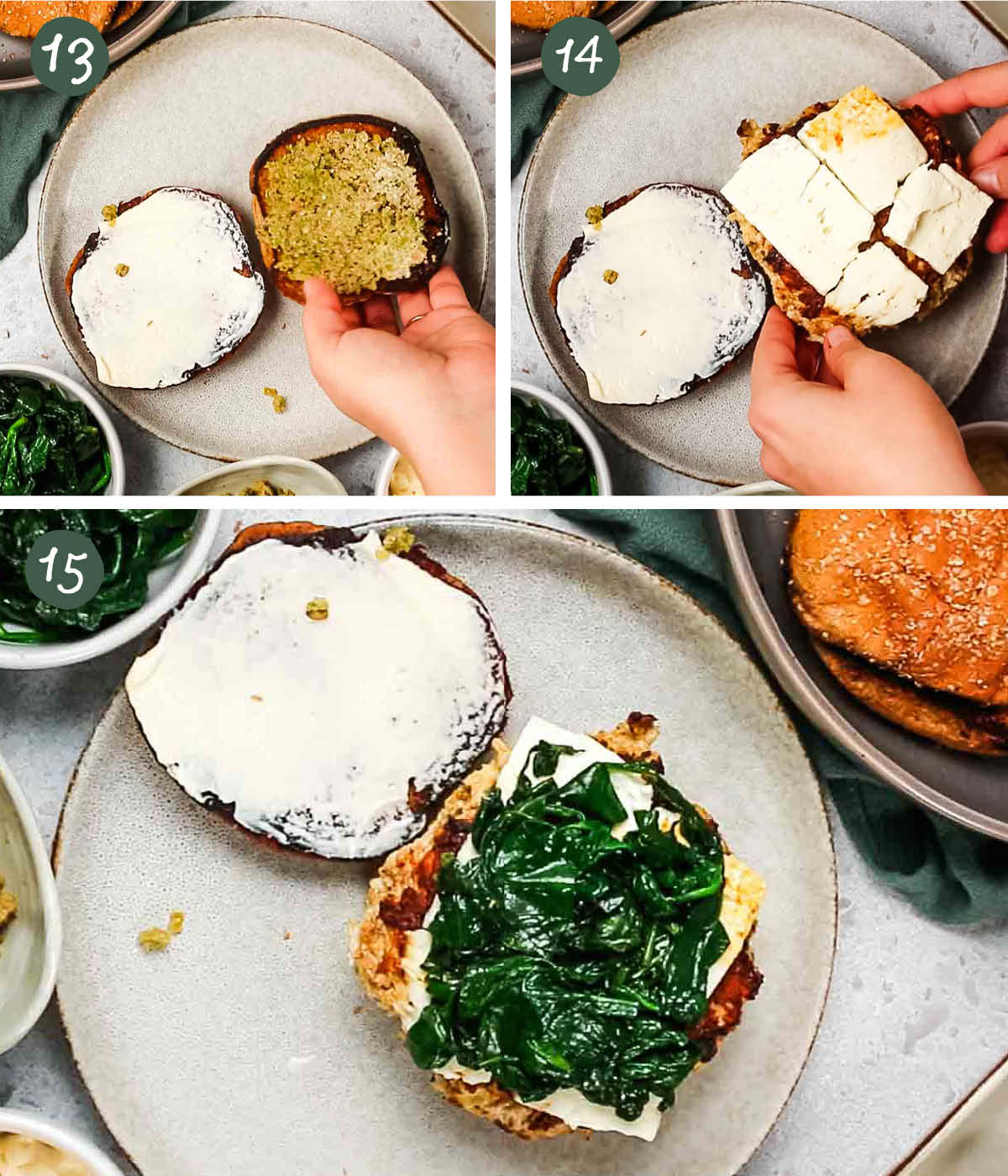 Step by step collage showing how to assemble chicken burgers.