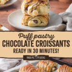 Pinterest image for puff pastry chocolate croissants.