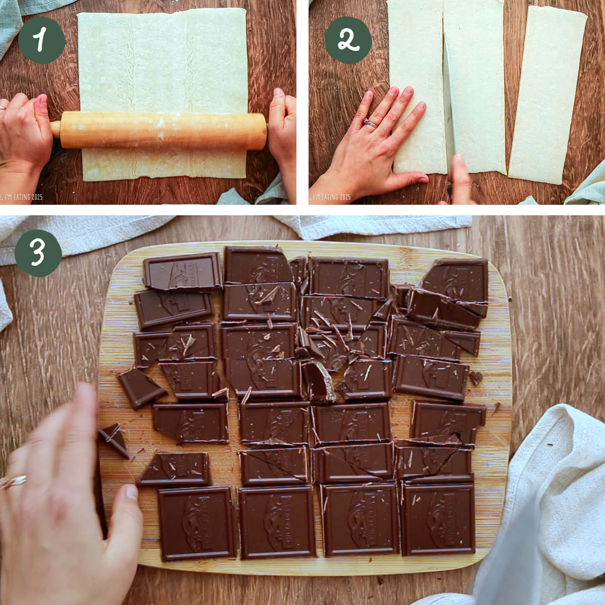 Top left, rolling out puff pastry. Top right, cutting puff pastry into three pieces. Bottom, chocolate bar cut into small rectangles.