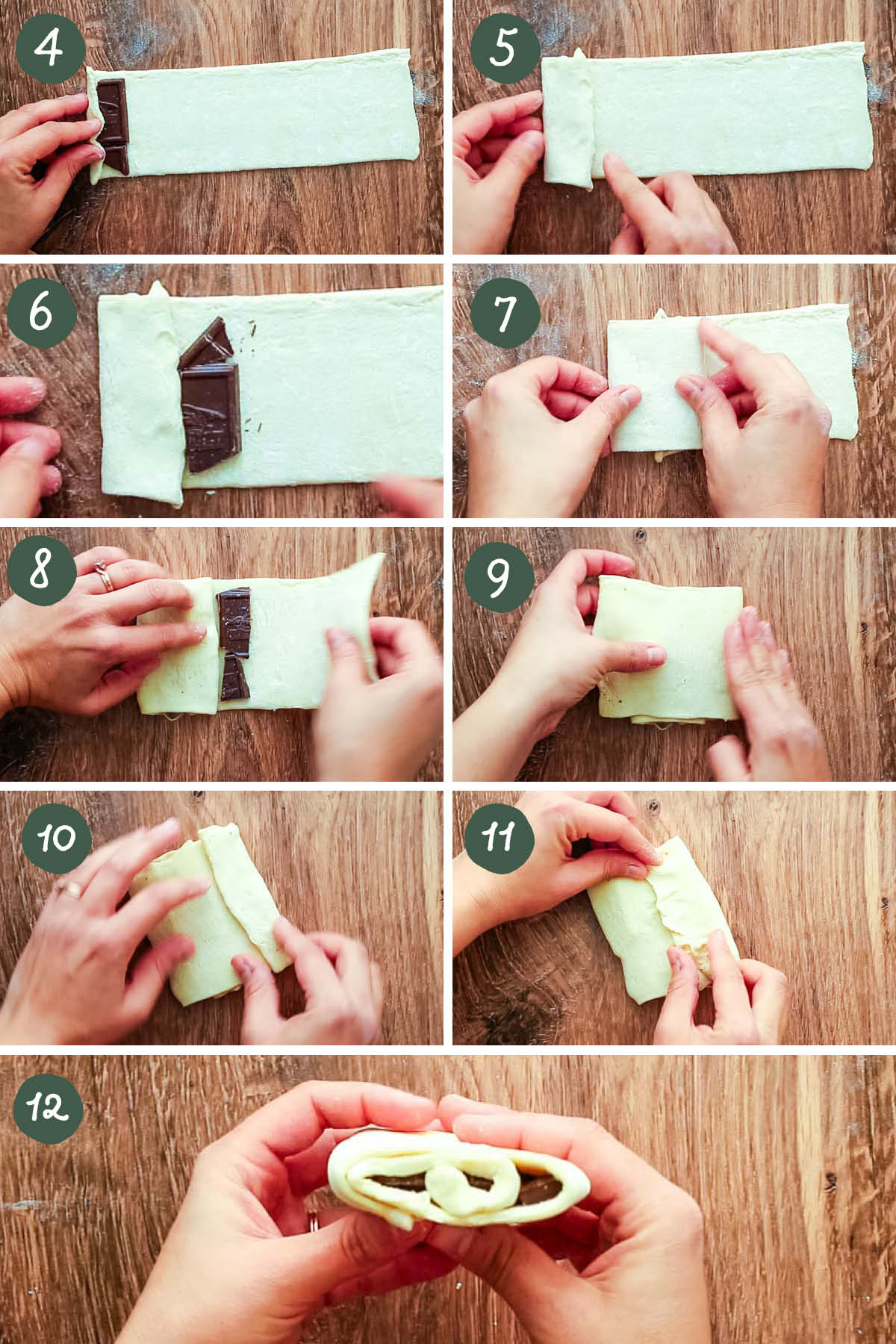 Step by step images showing how to fold a chocolate croissant.