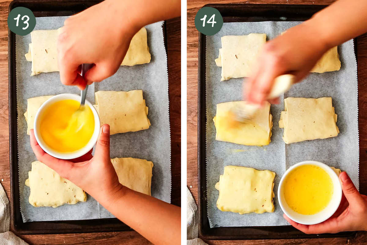 Left, whisking an egg with water in a small bowl. Right, brushing egg wash over uncooked croissants.