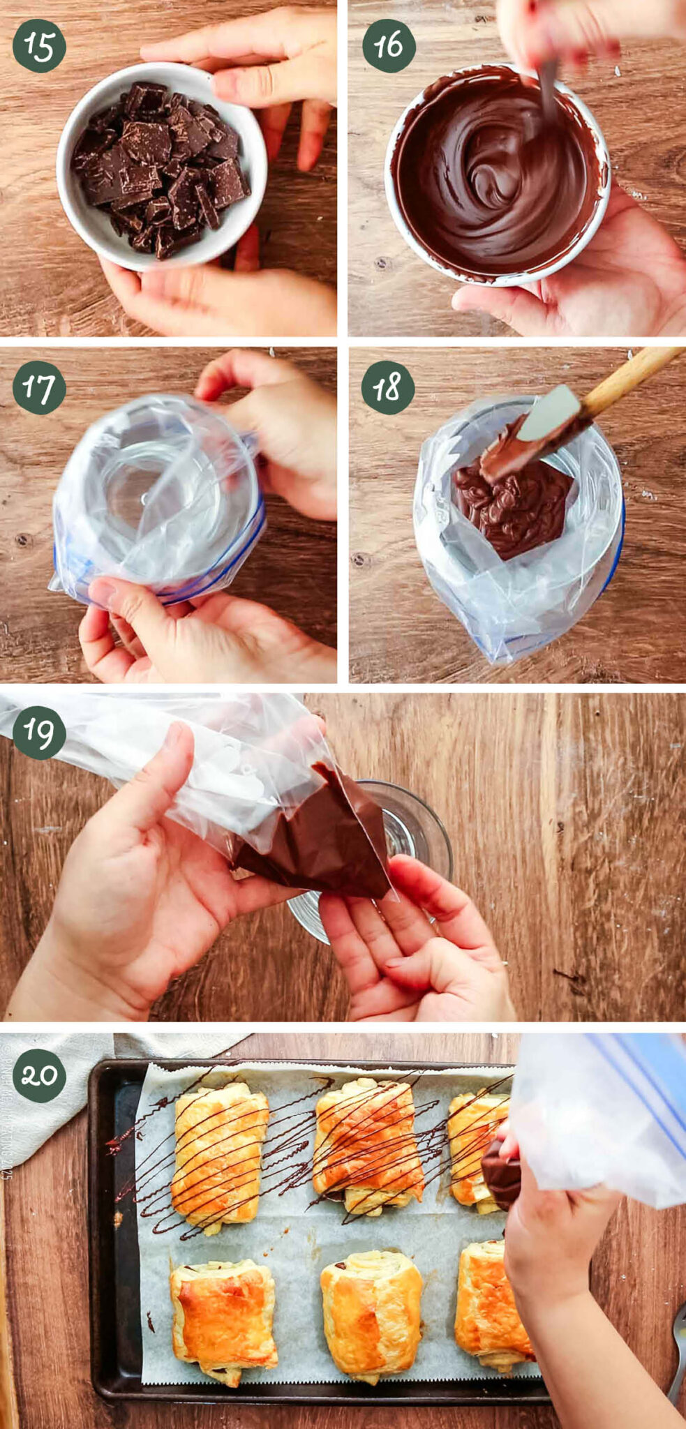 Step by step images showing melting chocolate in a small bowl, transferring to a zip top bag, and drizzling chocolate over baked croissants.