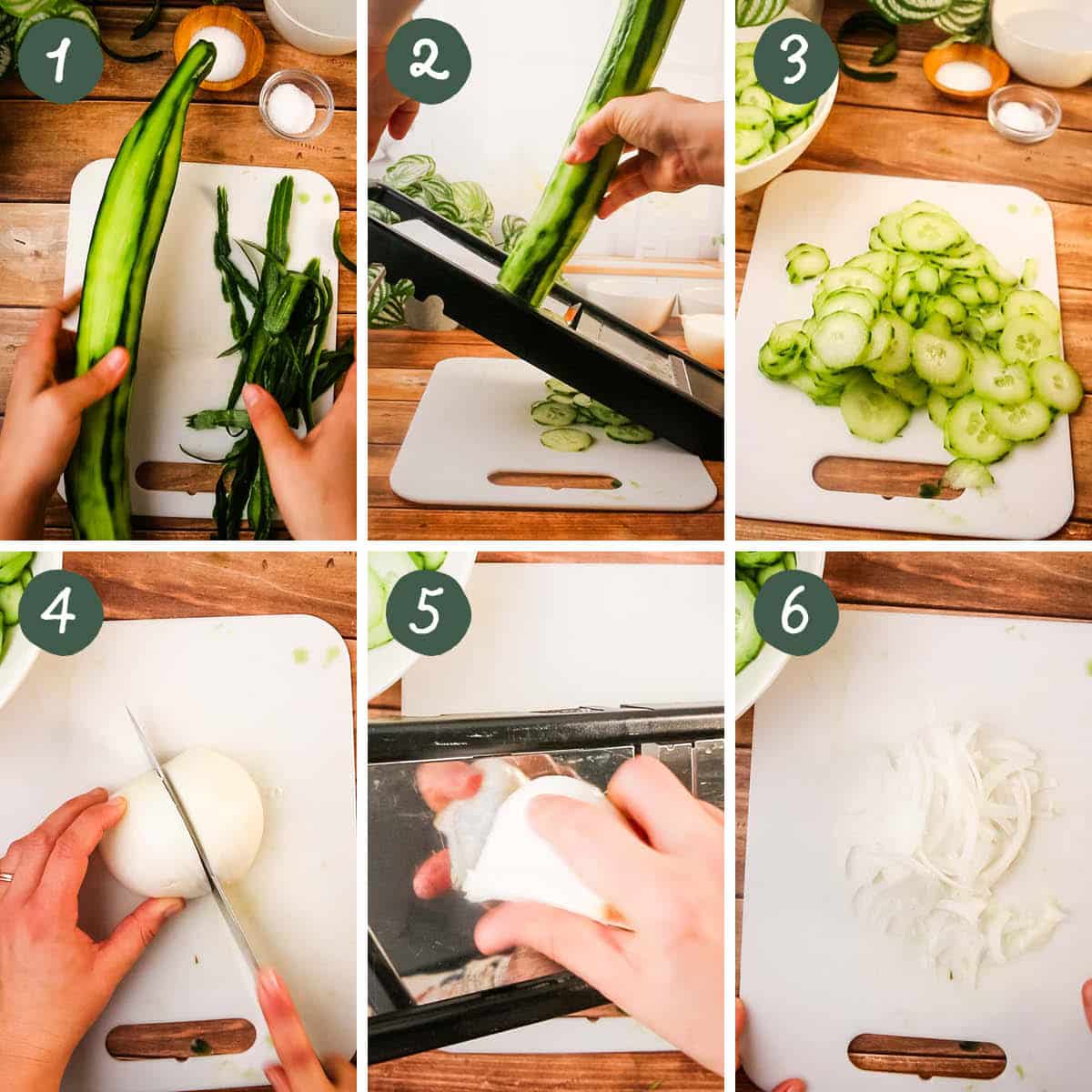 Step by step images showing slicing cucumbers and onions with a mandoline.