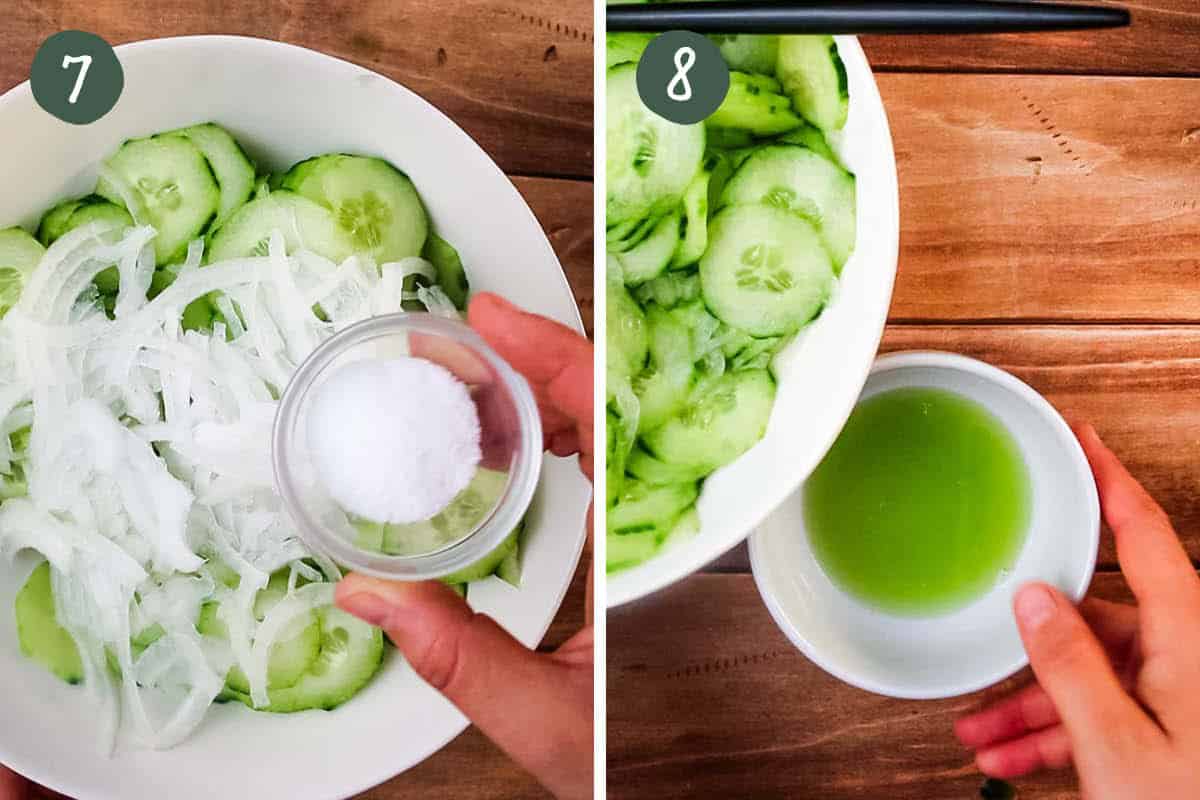 Step by step collage showing salting cucumbers and onions and the liquid drained out after letting it sit.
