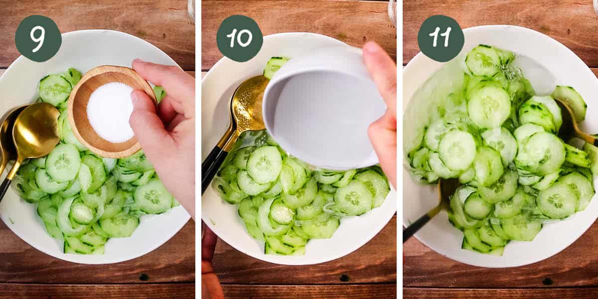 Step by step collage showing adding sugar, water, and vinegar to cucumber salad and tossing to combine.