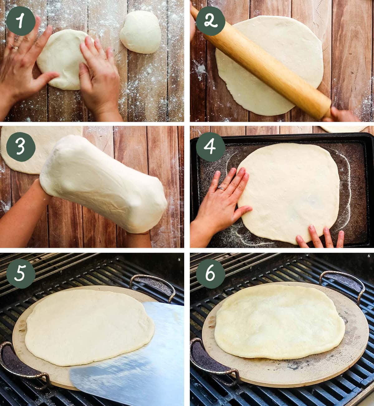 Step by step collage showing preparing pizza dough.