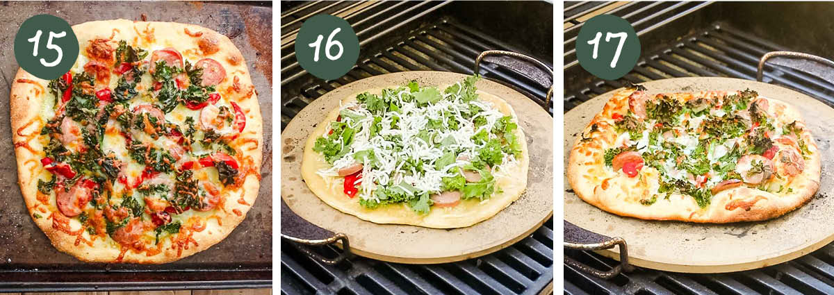 Step by step collage showing oven-baked pizza and grilled pizza.