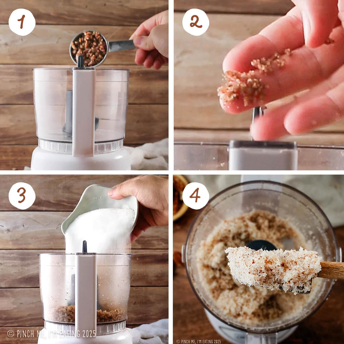 Step by step collage showing grinding pecans with sugar in a food processor.