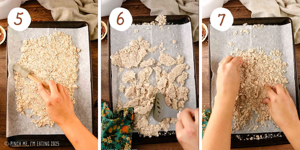 Step by step collage showing spreading sugar mixture on a baking sheet, breaking up chunks as it dries with a spatula, and crumbling the mixture with hands.