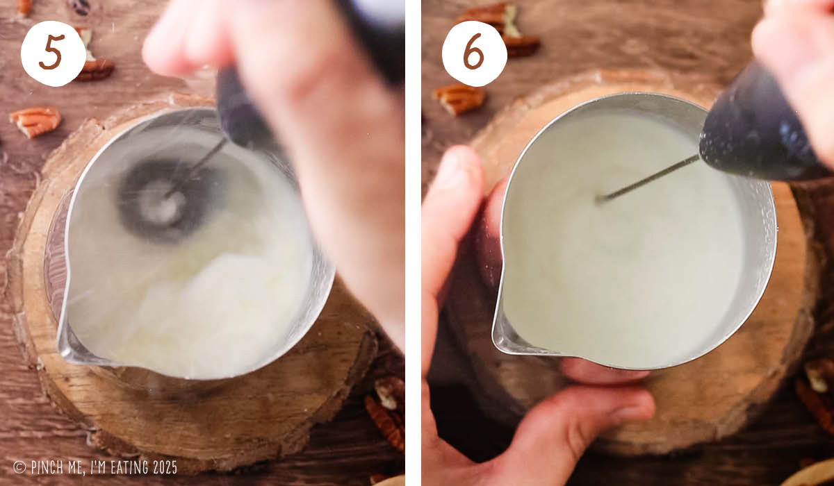 Step by step collage showing blending cold foam with a handheld milk frother.