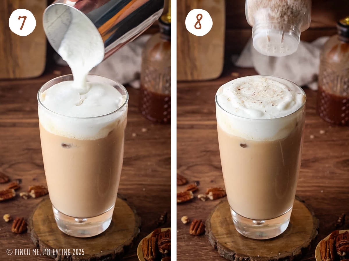 Step by step collage showing pouring cold foam on the latte and sprinkling with pecan crunch topping.