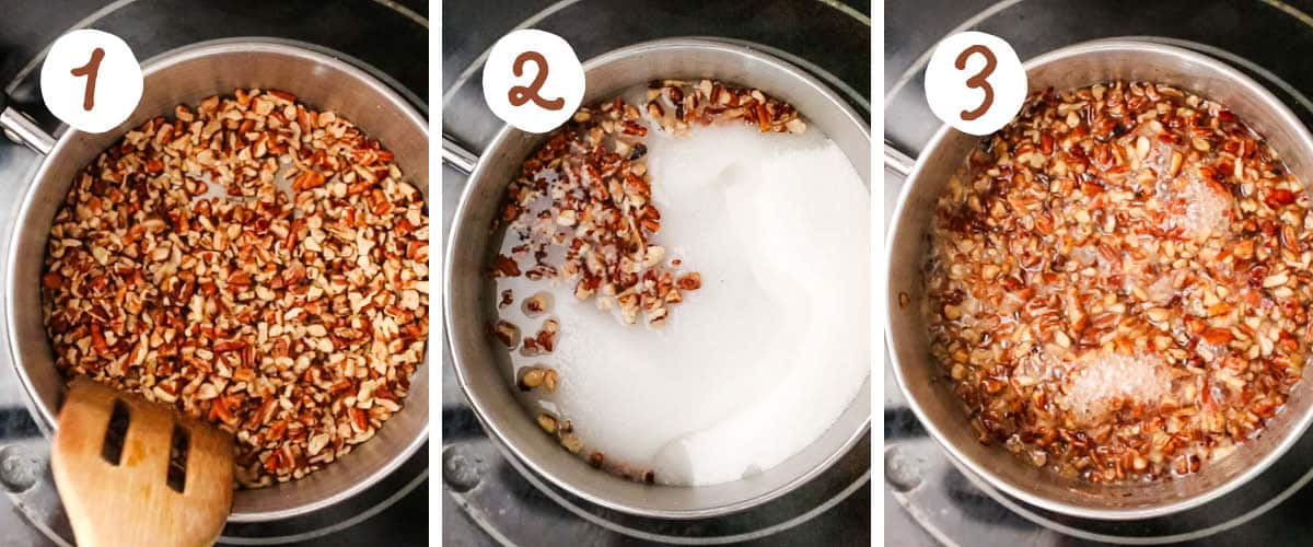 Step by step collage showing toasting pecans, adding sugar and water, and simmering.