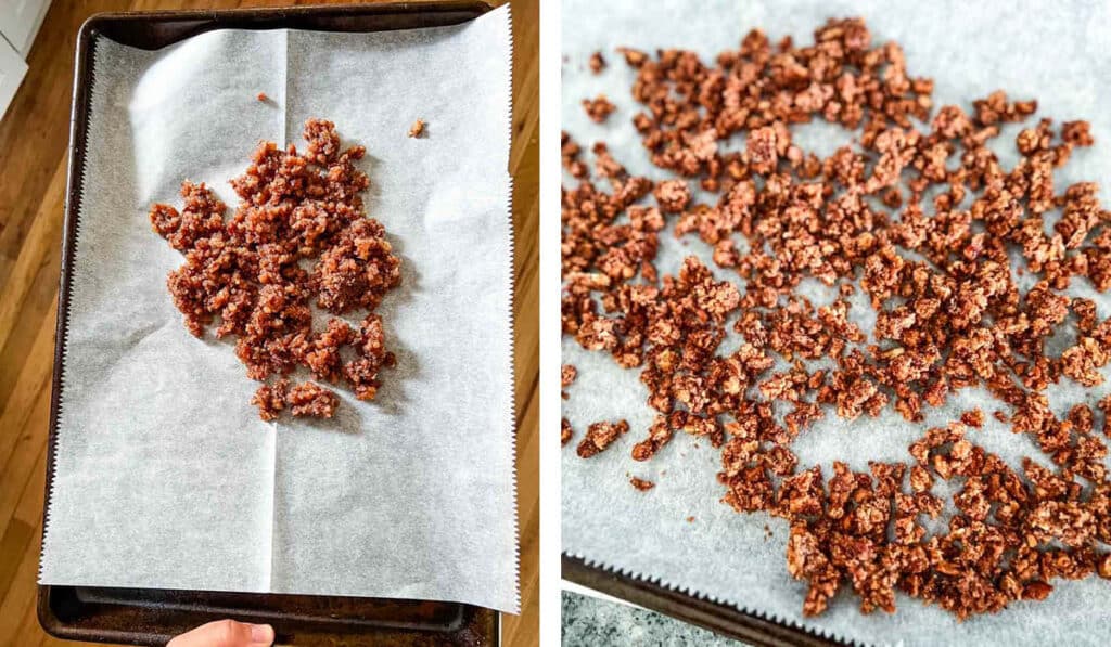 Pureed candied pecans being dried in the oven on parchment paper.