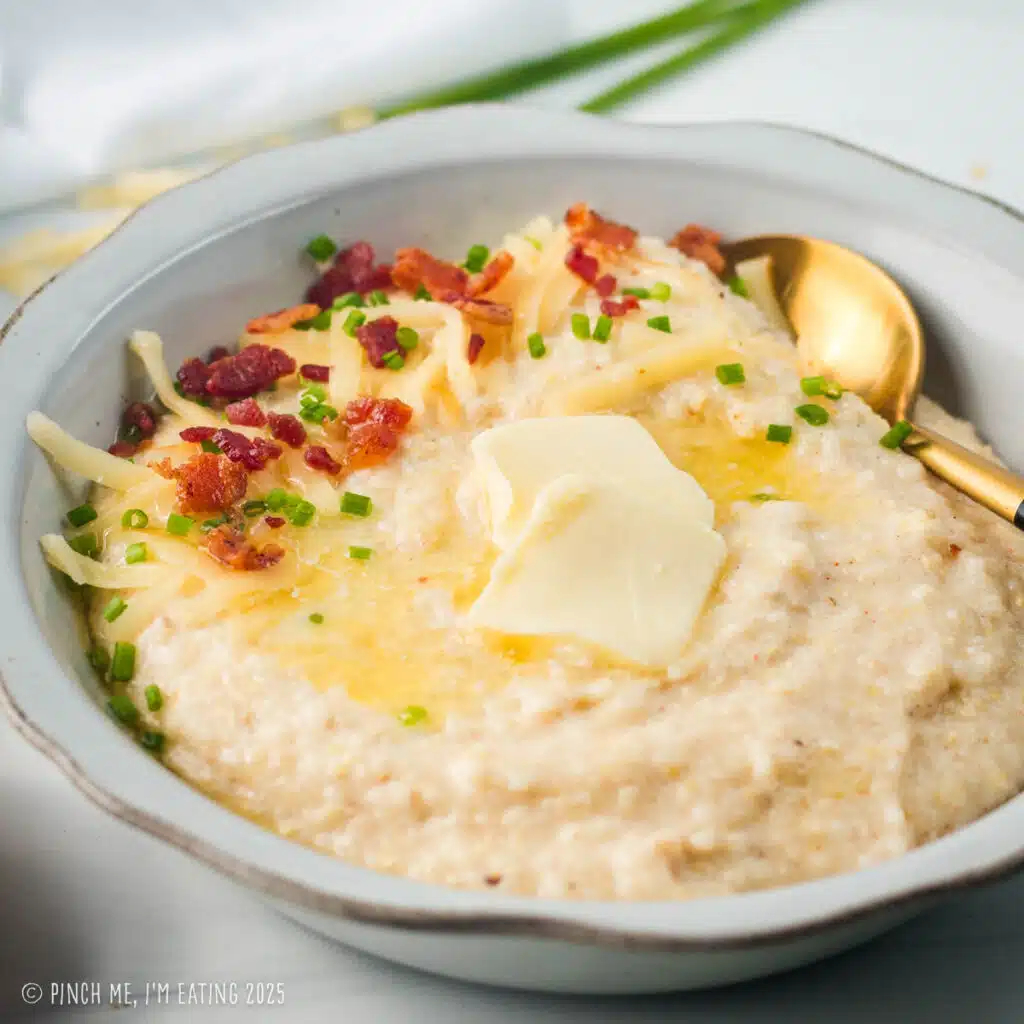 Smoked gouda grits in a white bowl.