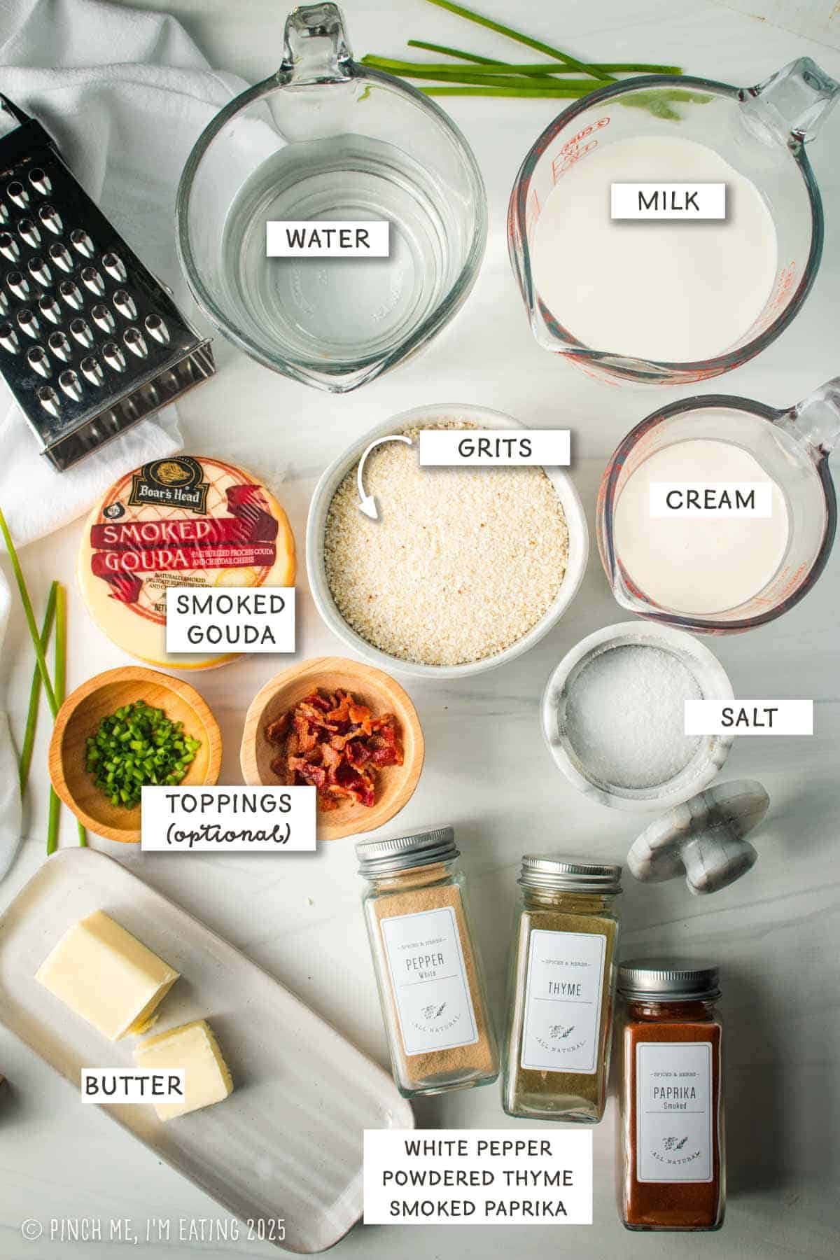 Labeled ingredient photo including grits, water, milk, cream, butter, smoked gouda cheese, and spices.