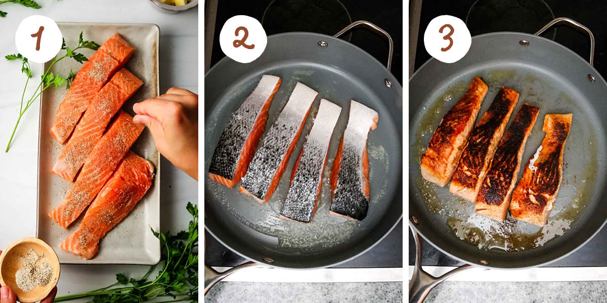 Step by step collage showing seasoning and cooking salmon fillets in a pan.
