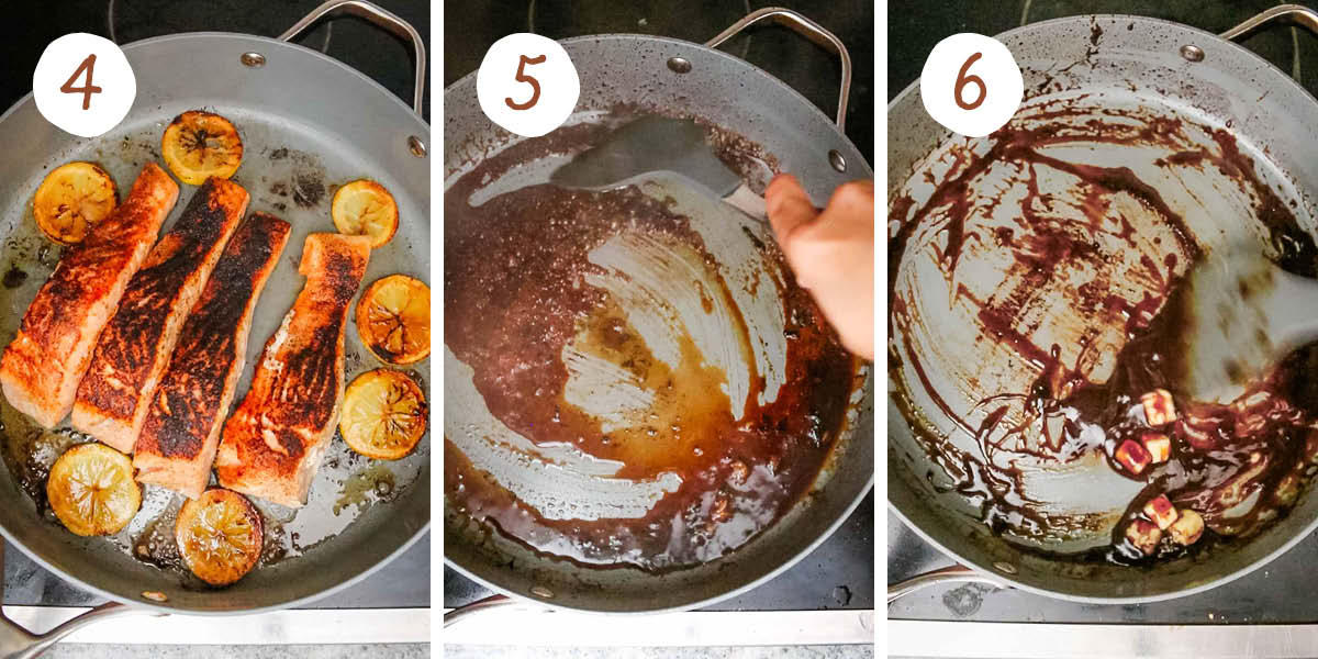 Step by step collage showing cooking lemon slices, deglazing pan, and whisking in cold butter.
