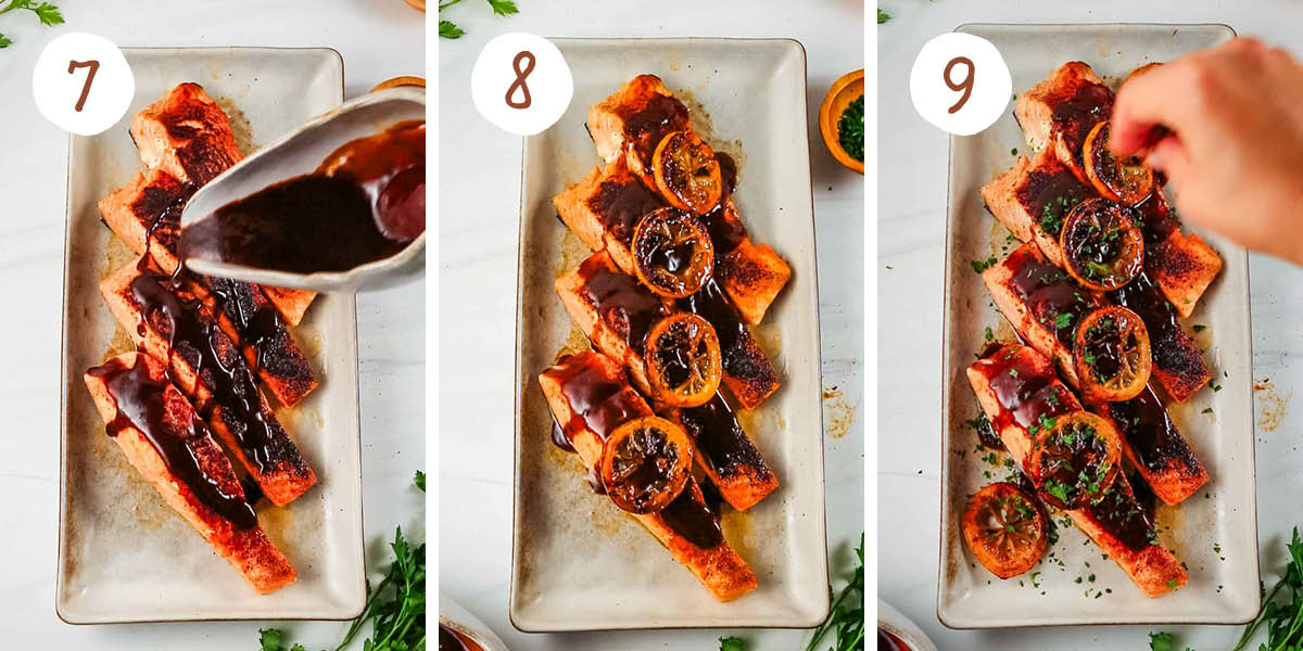 Step by step collage showing drizzling salmon with sauce, adding lemon slices, and sprinkling with parsley.