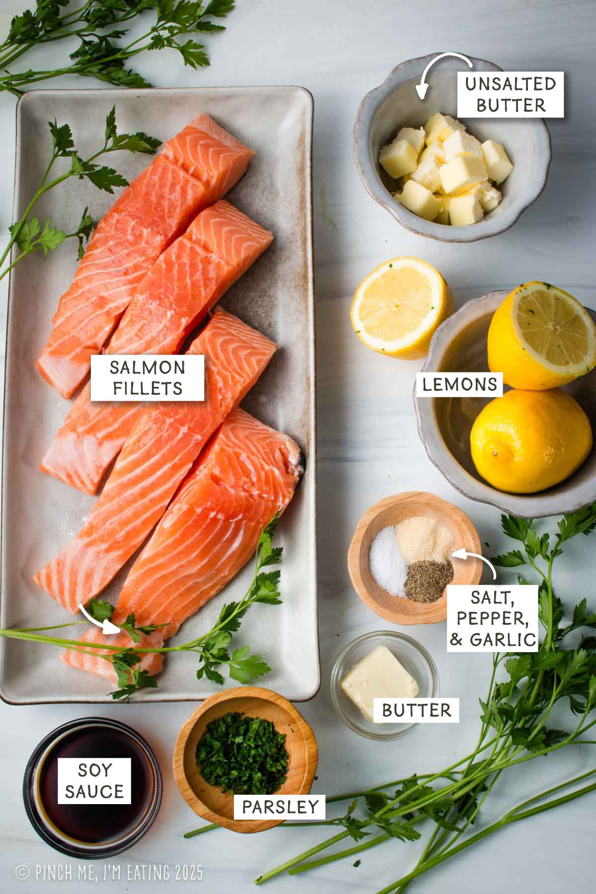 Labeled ingredient photo, including salmon, lemons, soy sauce, butter, parsley, and spices.