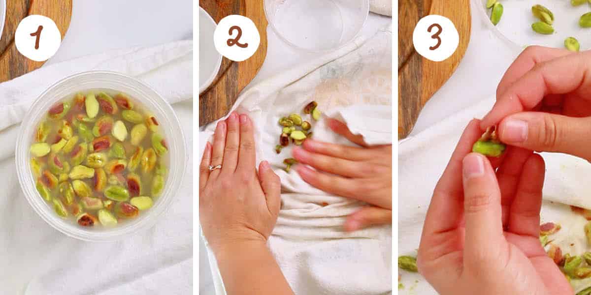 Step by step collage showing soaking pistachios, rubbing them in a dish cloth, and peeling off the papery skins.