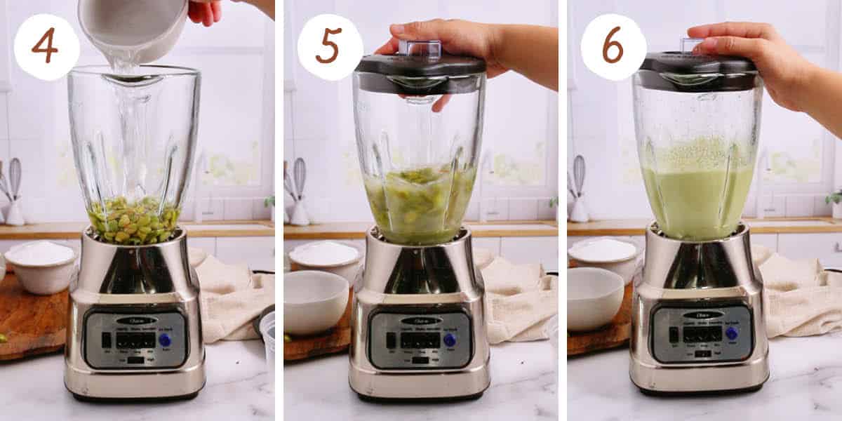 Step by step collage showing blending peeled pistachios and water until smooth.
