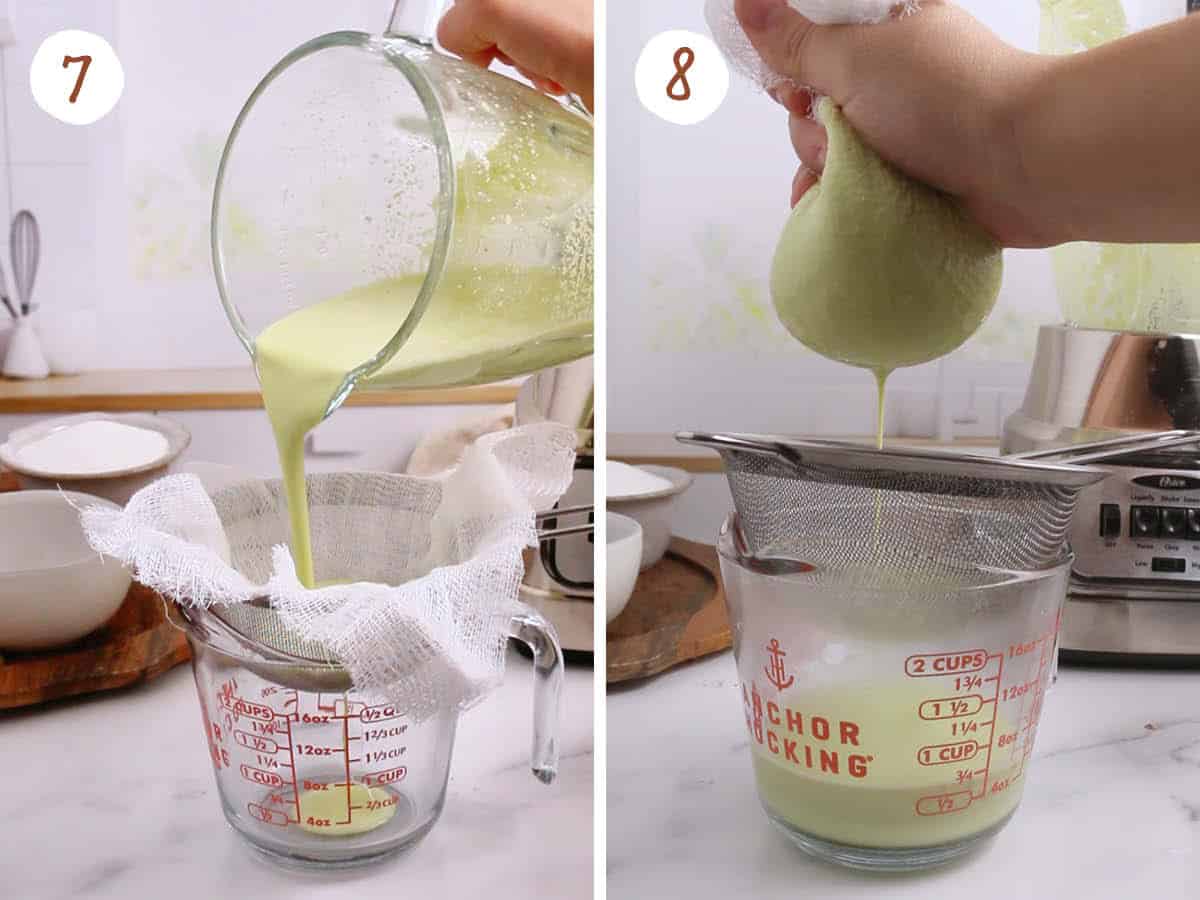 Step by step collage showing straining pistachio milk in cheesecloth.