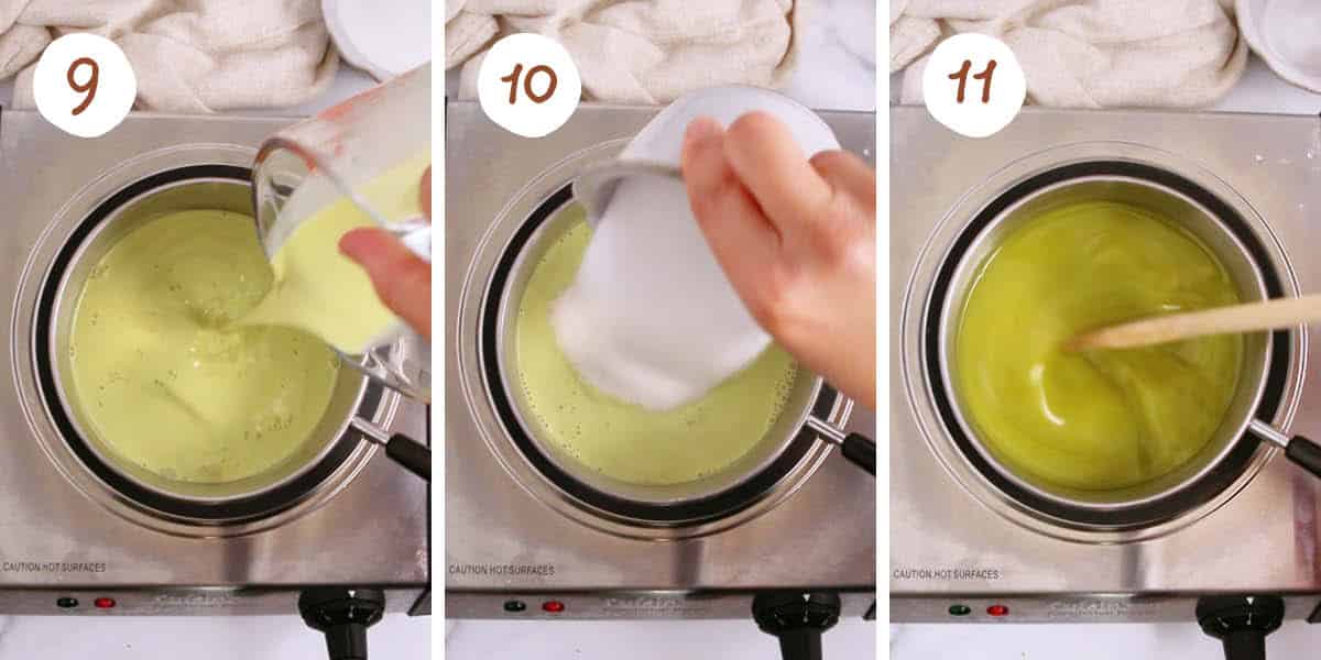 Step by step collage showing dissolving sugar in pistachio milk in a small saucepan.