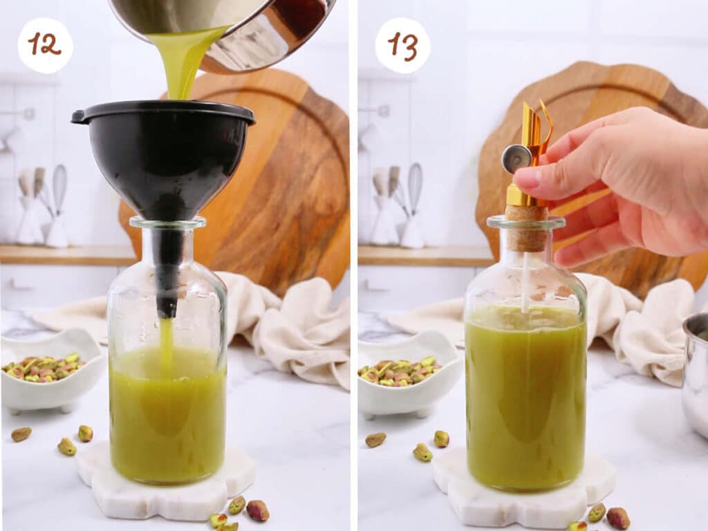 Step by step collage showing storage of pistachio syrup in a glass bottle.