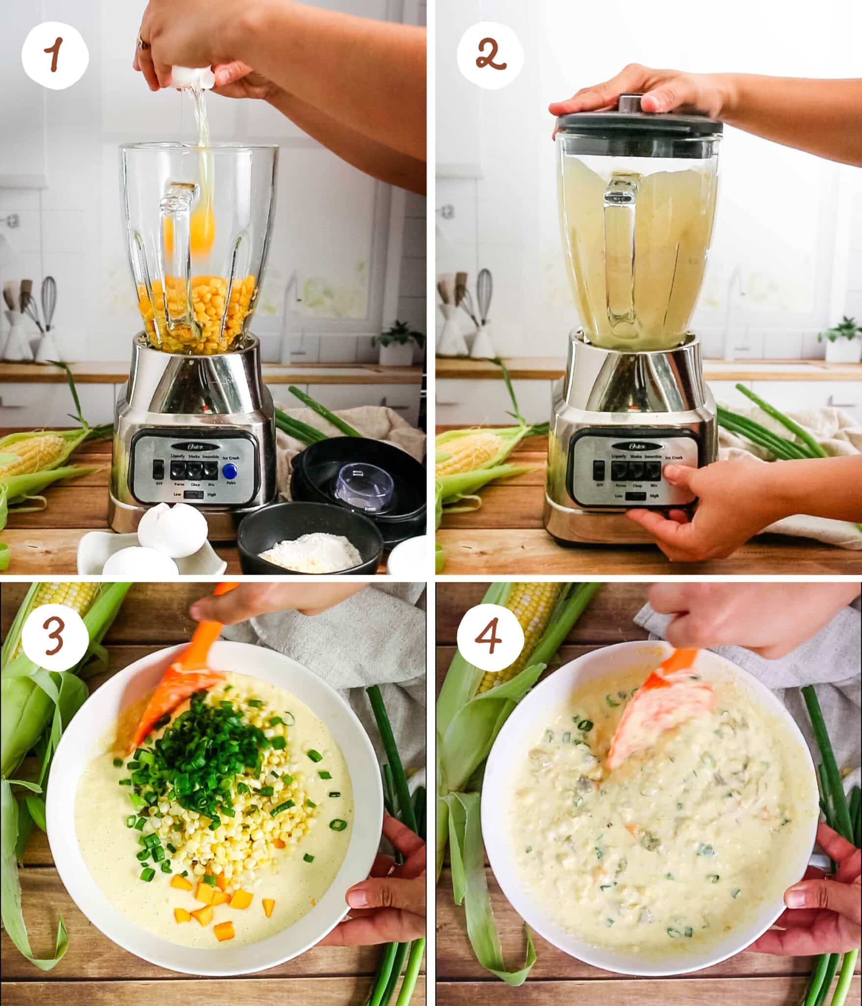 A four-part collage showing the first steps of making green chile corn pudding: cracking eggs into a blender with frozen corn, blending the base until smooth, adding fresh corn, green onions, and cubed cheddar cheese to the wet batter in a white bowl, and folding the mix-ins together with a spatula.
