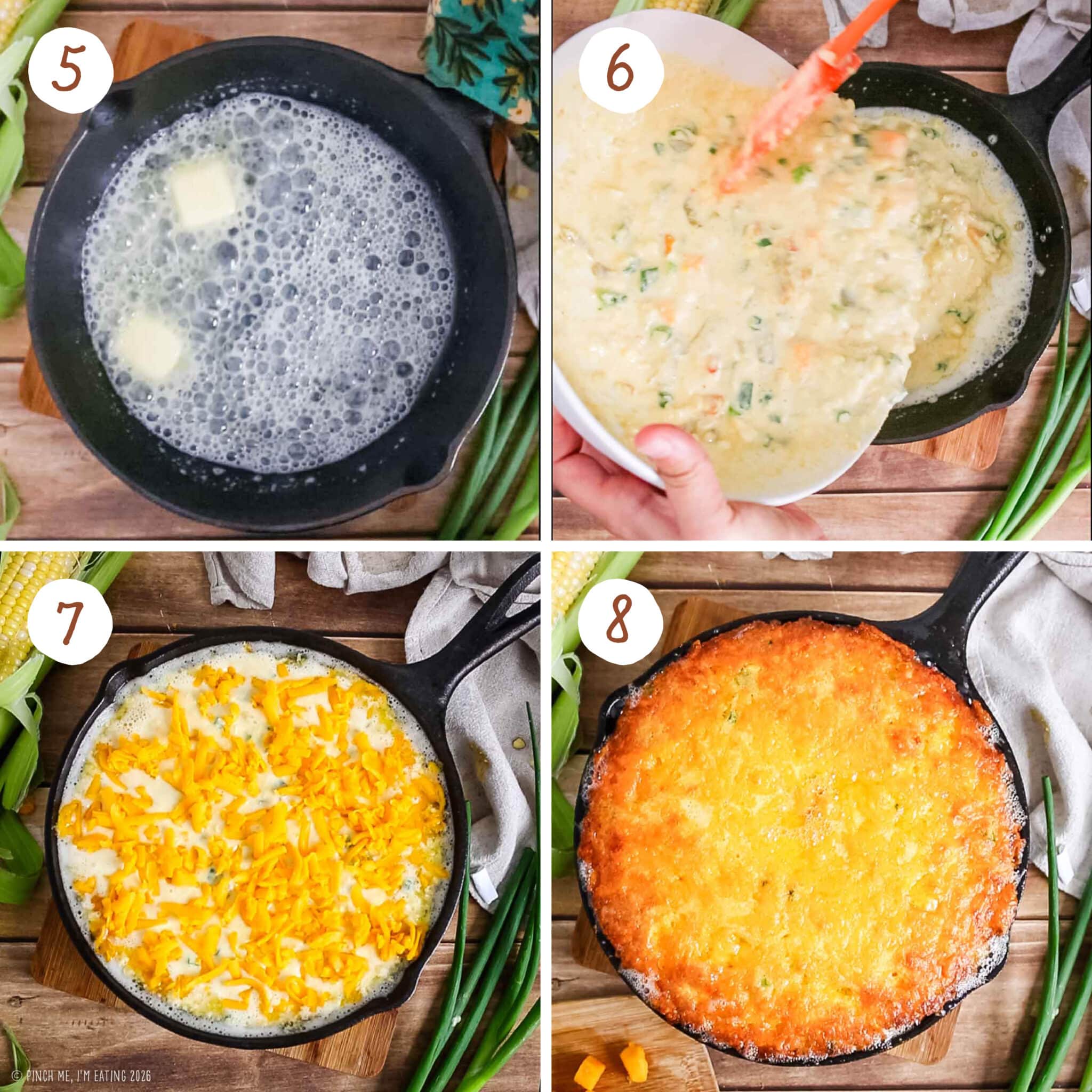 A four-part collage showing the final steps of making green chile corn pudding: foaming butter in a hot cast-iron skillet, pouring the finished batter directly into the bubbling butter, coating the top evenly with shredded cheddar cheese, and the fully baked corn pudding with a crispy, golden-brown cheese crust.