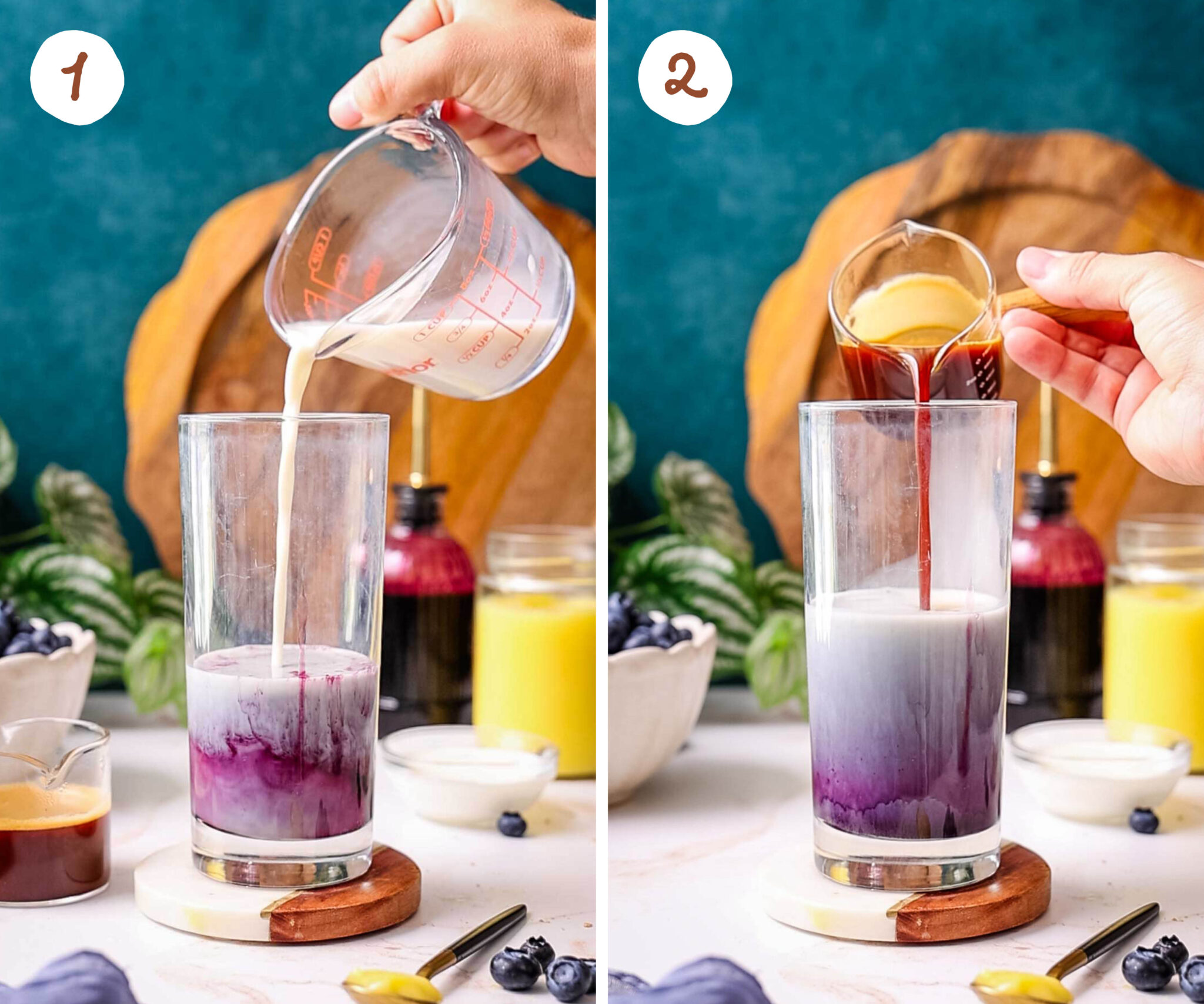 A step by step collage showing milk and espresso being poured over blueberry syrup in a tall glass.