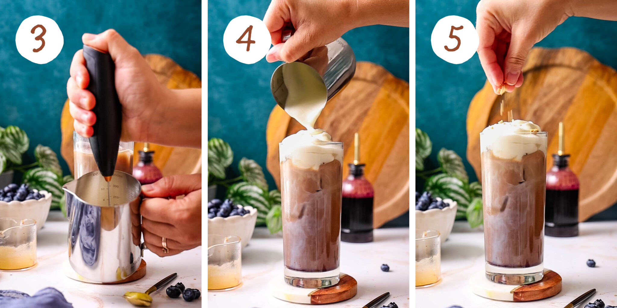 A step by step collage showing lemon curd cold foam being frothed, poured over a latte, and garnished with graham cracker crumbs.
